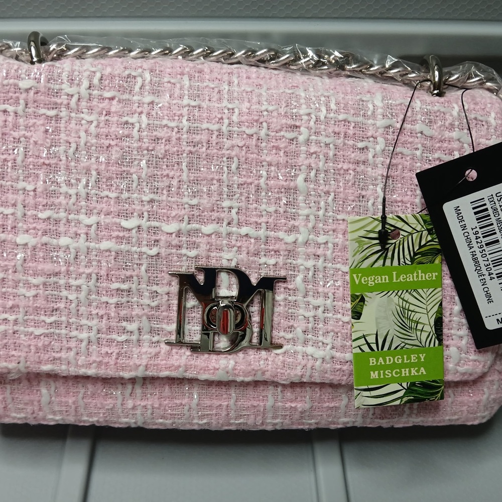 Badgley Mischka Pink Tweed Shoulder Bag with Silver Accents